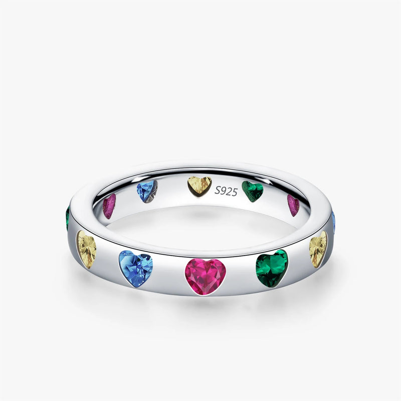 Anel Rainbow Heart em Prata 925 com Zircônias Coloridas
