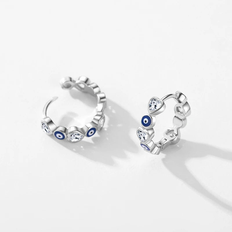 Brinco de Argolas Heart & Eye em Prata 925 com Esmalte Azul e Zircônias
