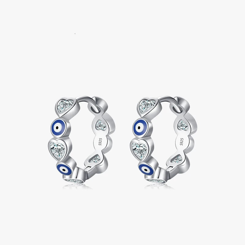 Brinco de Argolas Heart & Eye em Prata 925 com Esmalte Azul e Zircônias