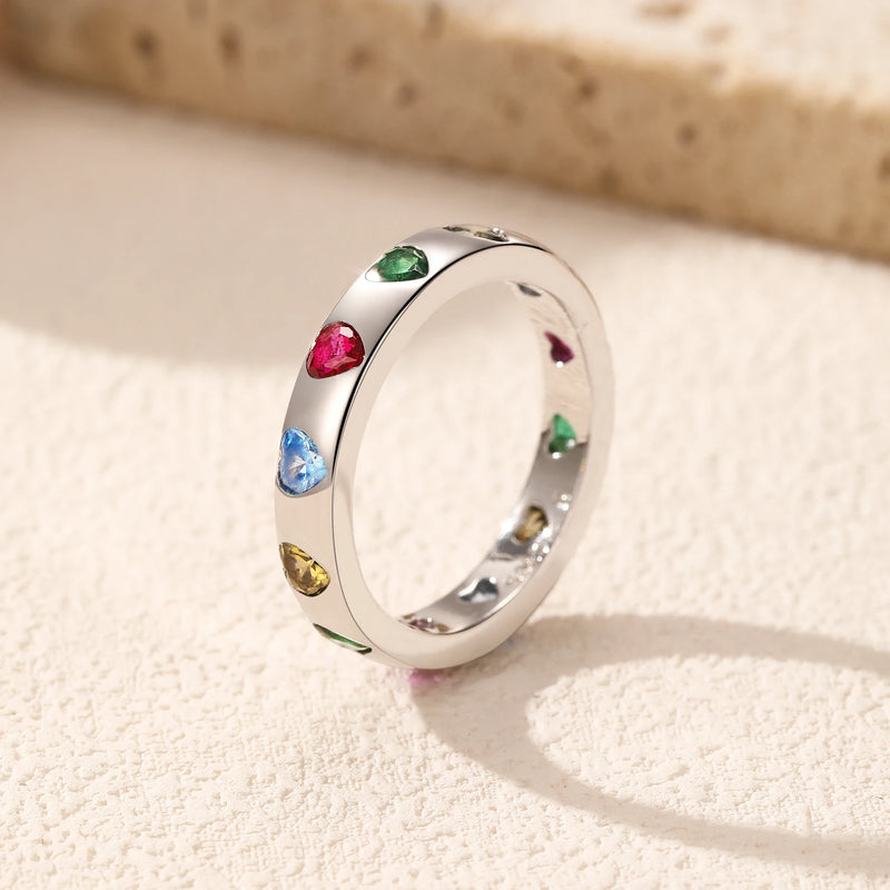 Anel Rainbow Heart em Prata 925 com Zircônias Coloridas