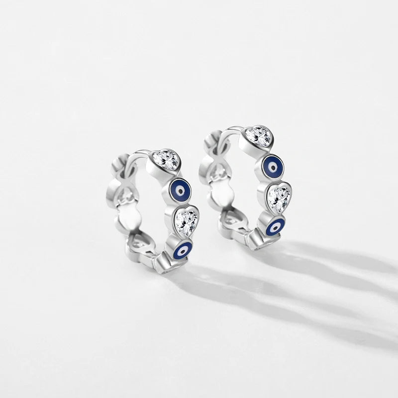 Brinco de Argolas Heart & Eye em Prata 925 com Esmalte Azul e Zircônias