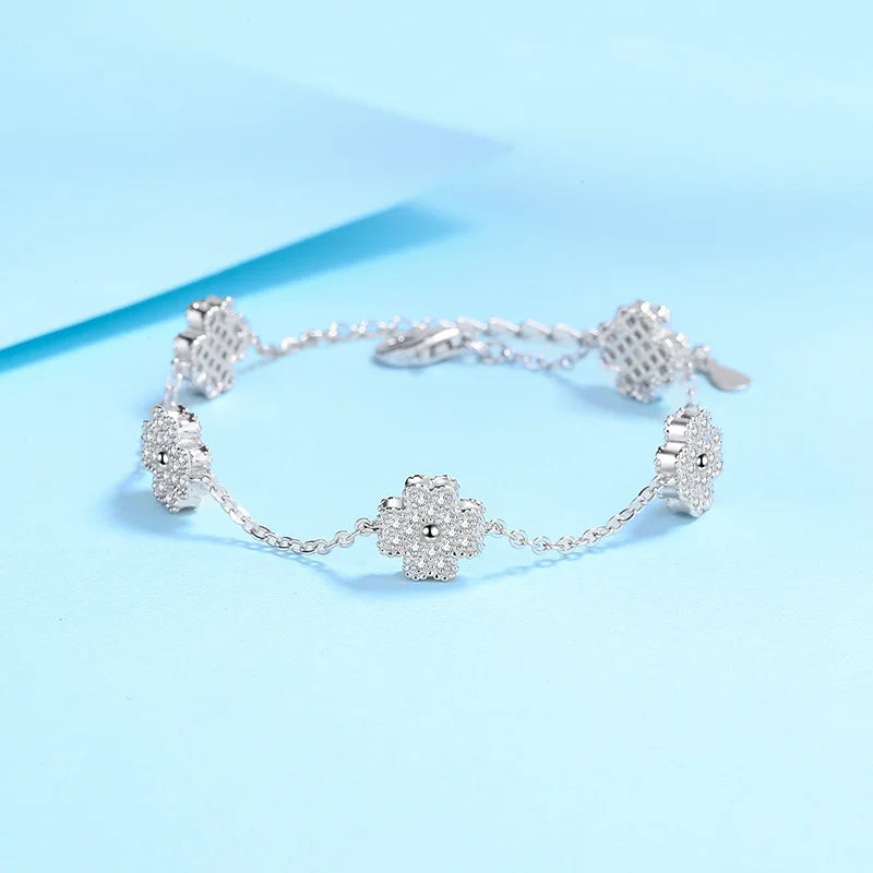 Pulseira Trevo de Quatro Folhas de Moissanita e Prata 925
