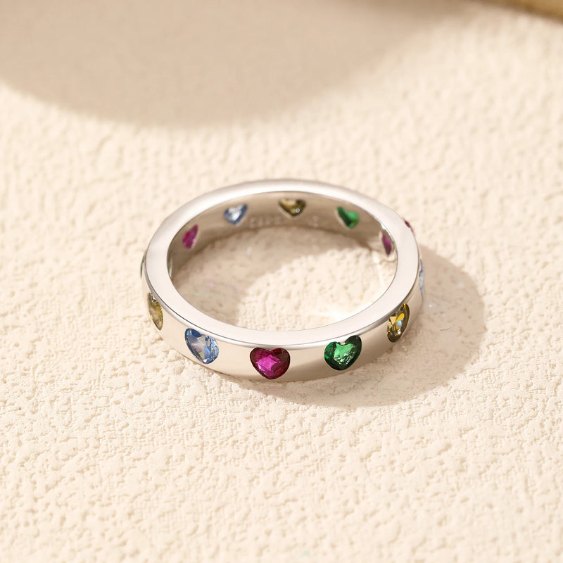 Anel Rainbow Heart em Prata 925 com Zircônias Coloridas
